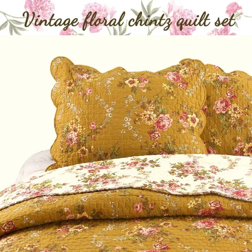 Miniatura 2 de Cozy Line Home Fashions Perry - Juego de ropa de cama vintage reversible de 100% algodón con estampado floral de mostaza y amarillo