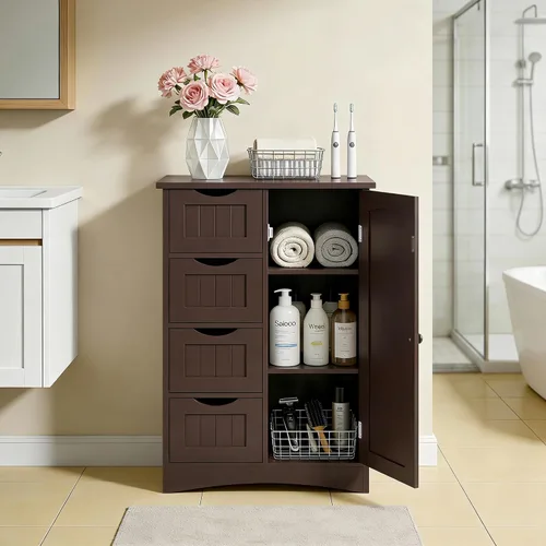 Miniatura 2 de ZENY Armario de almacenamiento de piso de baño, organizador de almacenamiento lateral con 4 cajones y 1 armario, estante ajustable independiente