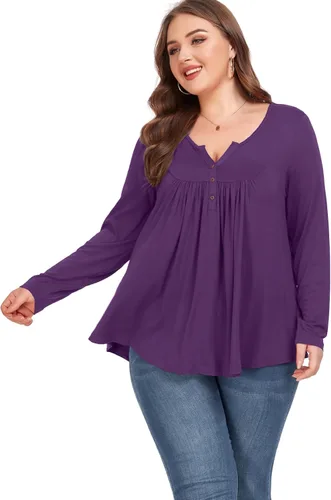Miniatura 5 de Camiseta básica para mujer, talla grande, cuello Henley, con botones, ajuste holgado, estilo casual