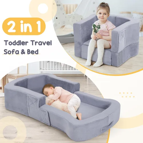 Miniatura 4 de whiffee Cama de viaje para niños pequeños, cama sofá silla plegable portátil 2 en 1, cuna de piso de viaje suave para bebés y niños con fundas