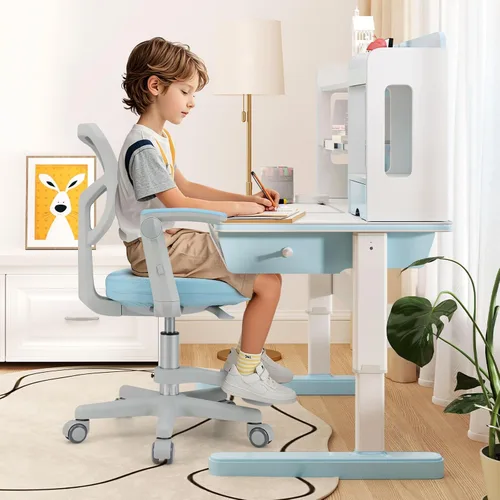 Miniatura 2 de Giantex Silla de escritorio para niños, silla rodante ergonómica ajustable con reposapiés y apoyabrazos abatibles, silla de oficina para niños