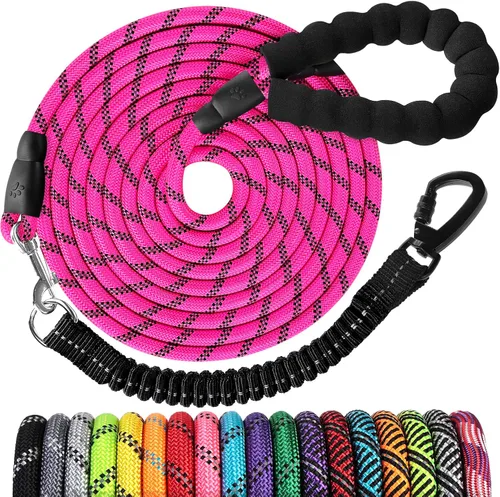 Miniatura 13 de Correa de perro de cuerda de 3 pies: correa resistente con gancho giratorio bloqueable, hilos reflectantes, bungee y asa acolchada - Correa