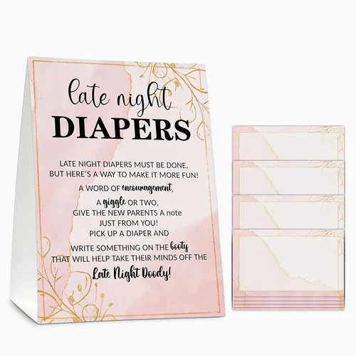 Cartel de pañales de tarde noche, tarjetas de notas rosas acuarelas, pensamientos de pañales, juego de baby shower (1 letrero de pie + 20 tarjetas