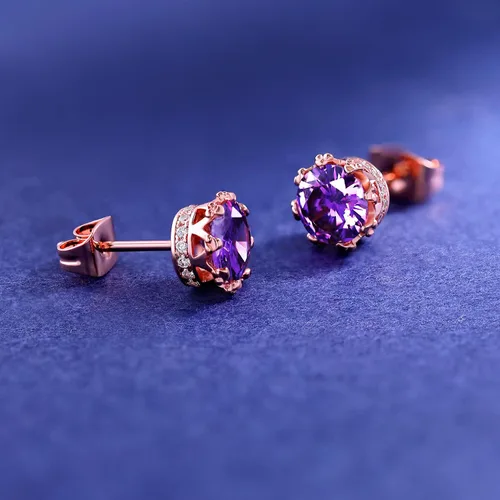 Miniatura 44 de MDFUN Aretes chapados en oro rosa para mujer, 0.236 in, corona brillante redonda, piedra natal, regalo de cumpleaños