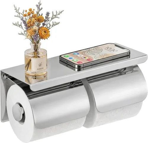 Miniatura 8 de Soporte de papel higiénico doble de acero inoxidable con estante de almacenamiento para teléfono (gris)