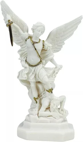 Generic Saint St Michael Arcángel derrotó a Lucifer estatua griega figura de escultura con detalles dorados, oro blanco, altura: 9.1 in (9 pulgadas)