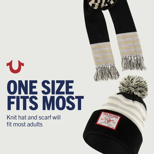 Miniatura 5 de True Religion - Conjunto de gorro y bufanda, gorro de punto con relleno de invierno con pompones y bufanda estilo estadio