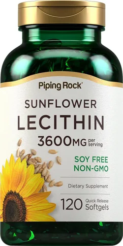 Piping Rock Cápsulas de cápsulas blandas de lecitina de girasol | 3600 mg | 120 píldoras | Ricas en fosfatidilcolina | Sin soja, sin OMG, sin gluten