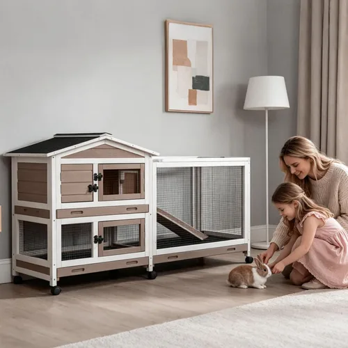 Miniatura 7 de GUTINNEEN 2-Story Rabbit Hutch for 2-4 Rabbits - Wooden Guinea Pig Cage with 6 Wheels, 3 Pull-Out Trays & Waterproof Asphalt Roof, Indoor Outdoor