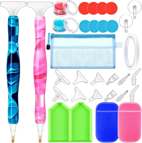Outus Kit de 31 herramientas de arte de diamante con bolígrafos de pintura de resina hechos a mano, alfombrillas antideslizantes, bandejas de