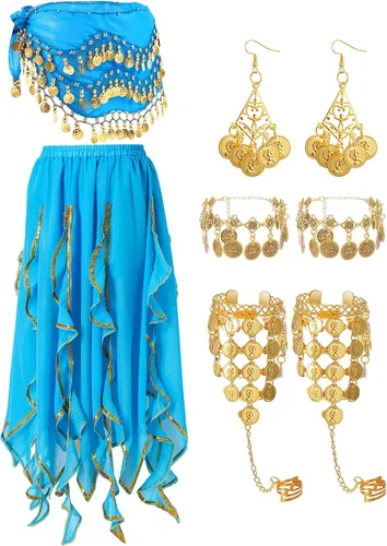 Miniatura 35 de Haysandy Conjunto de 8 piezas de danza del vientre para mujer, falda de danza del vientre, bufanda de cadera, 2 pulseras, aretes, pulsera de tobillo