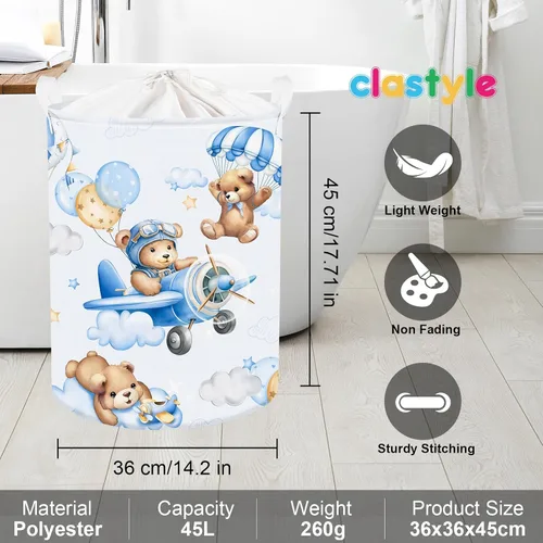 Miniatura 6 de Clastyle Cesta grande de 45 L con asa plegable para almacenamiento de juguetes con tapa para guardería y niños, con diseño de oso azul
