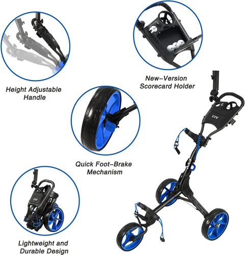 Miniatura 5 de KVV Carrito de empuje de golf de 3 ruedas ultra ligero tamaño plegable más pequeño, soporte para tarjeta de puntuación de nueva versión Negro/Azul