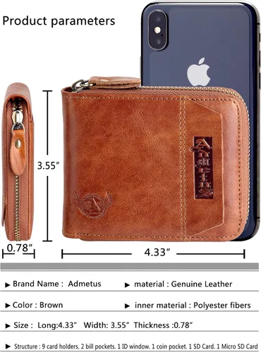Miniatura 36 de Admetus - Cartera de piel auténtica para hombre con cremallera, plegable