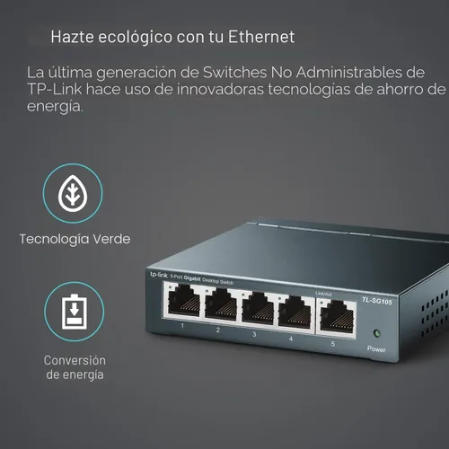 Miniatura 5 de TP-Link TL-SG105, conmutador Ethernet Gigabit no administrado de 5 puertos, concentrador de red, divisor Ethernet, Plug & Play, diseño de metal sin