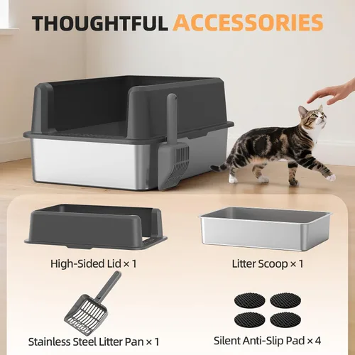 Miniatura 7 de WoofiGo Caja de arena cerrada de acero inoxidable para gatos con tapa, caja de arena extra grande XL para gatos grandes, bandeja de arena de metal