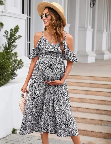 Miniatura 2 de KOJOOIN Vestido de maternidad para mujer, con volantes, manga corta, tirantes delgados, vestido floral, cuello en V, acampanado, vestido