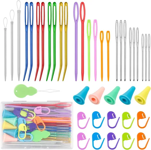 FIVEIZERO Juego de 43 agujas para hilo, agujas para hilo surtidas, agujas curvas para tapicería, agujas para tejer, agujas de zurcir con ojo grande,