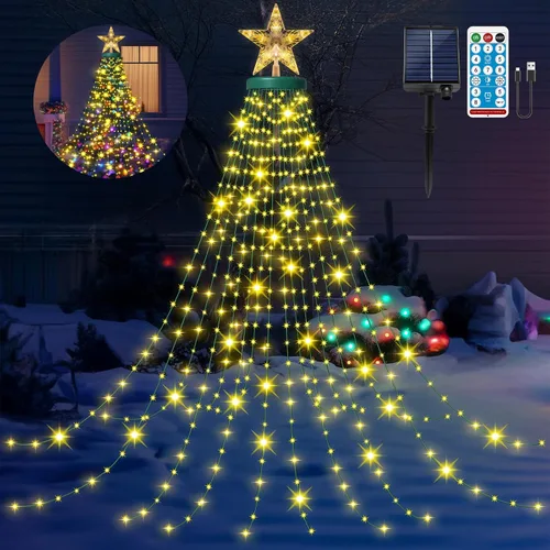 Luces solares para árbol de Navidad con estrella de 6.6 pies x 16 líneas, 410 luces LED de Navidad con 8 modelos de temporizador remoto, luces de