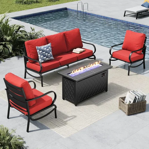 Miniatura 25 de MFSTUDIO Juego de 4 piezas de conversación para patio, marco de metal para todo tipo de clima, muebles de exterior con 1 mesa rectangular de propano