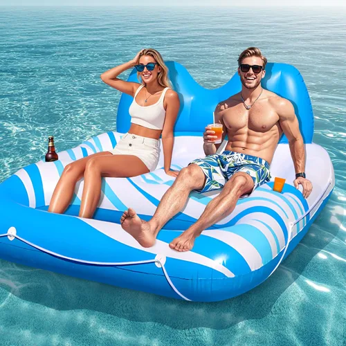 Miniatura 8 de Pool Float for Adults – Extra Large Inflatable Tanning Pool Float with Backrest, Footrest & 2 Cup Holders, Heavy Duty Float Lounger for Pool, Lake