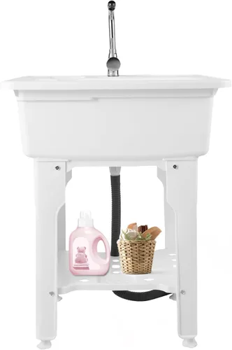 Fregadero de lavandería de plástico independiente blanco con tabla de lavadero, fregadero de utilidad para interiores y exteriores con grifo de agua