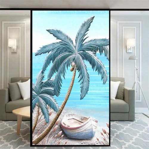 Miniatura 13 de Película decorativa de privacidad esmerilada sin pegamento para ventana, hermoso patrón de playa, puerta de vidrio, ventana, calcomanías