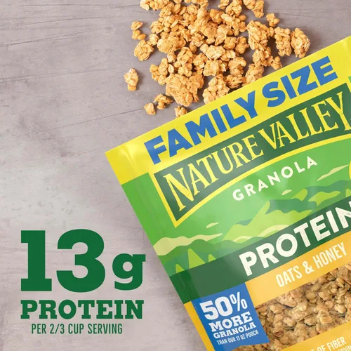 Miniatura 4 de Nature Valley Granola proteica, granola de avena y miel, bolsa resellable para aperitivos, tamaño familiar, 17 onzas