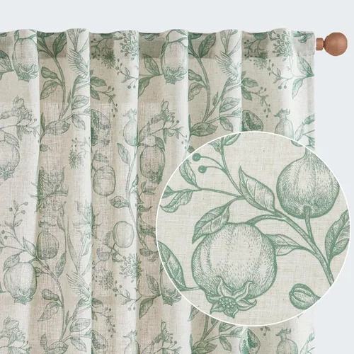 Miniatura 11 de Jinchan Cortinas de lino para sala de estar de 63 pulgadas de largo, con estampado de hojas tropicales, cortinas botánicas de lino estilo rústico