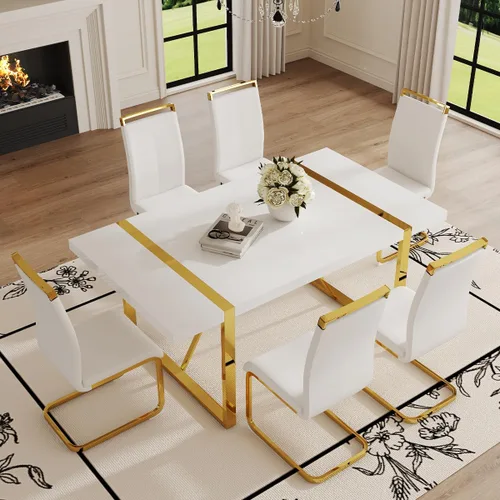 Miniatura 30 de Mesa de comedor Ebullient para 4, mesa de comedor rectangular negra de MDF, tapa de mesa de cena de mármol falso, mesa de comedor moderna con marco