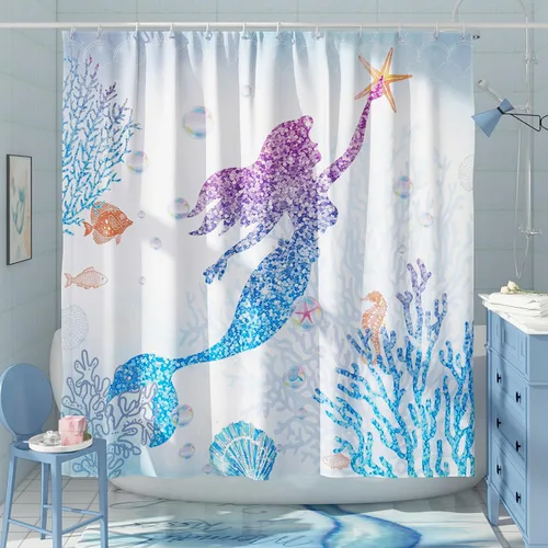 Miniatura 3 de Bonito juego de cortinas de ducha de sirena, cortinas de ducha con escamas de pez con purpurina para baño, decoración de baño de niños, tela de Azul