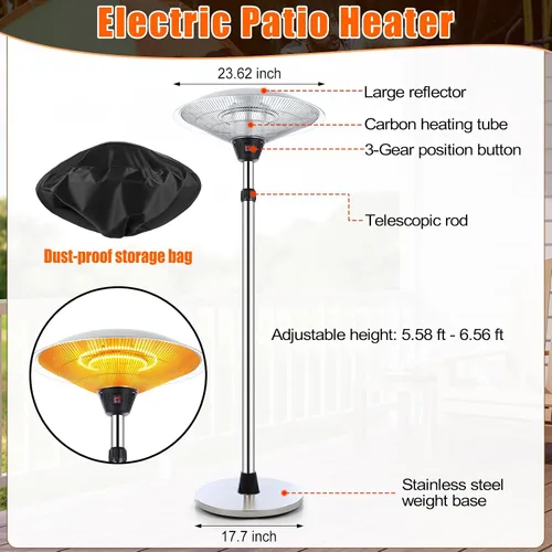 Miniatura 2 de Glooglitter Calentador eléctrico de patio de 1500 W para exteriores de acero inoxidable con altura ajustable y bolsa de polvo, protección contra