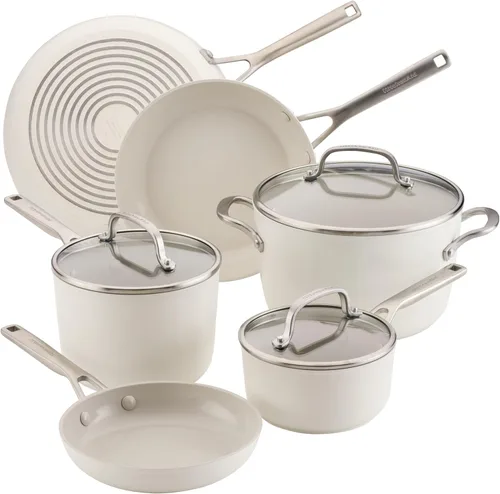 KitchenAid Ollas y sartenes antiadherentes de inducción de cerámica anodizada dura con cacerolas, sartenes, olla y tapas, aptas para lavavajillas,