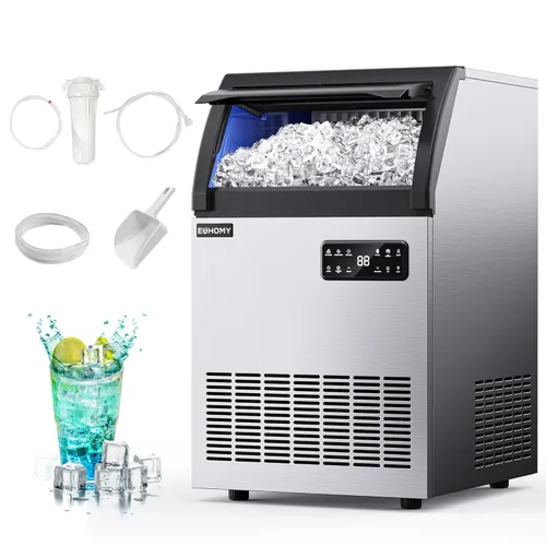 EUHOMY Máquina de hielo comercial, 200 libras/24 horas, máquina de hielo de acero inoxidable debajo del mostrador con filtro de agua, capacidad de
