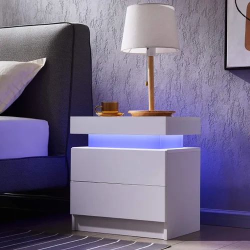 Miniatura 17 de Mesita de noche LED para dormitorio, moderna madera con 2 cajones, mesita de noche negra y dorada, mesa auxiliar con luz LED ajustable