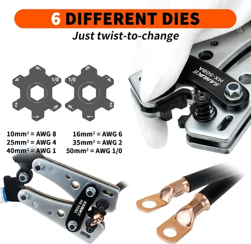 Miniatura 4 de Sanuke Kit de herramientas de crimpado de cables de batería con cortador de cables, engarzadora de alambre de cobre para AWG 8-1/0, 12 terminales