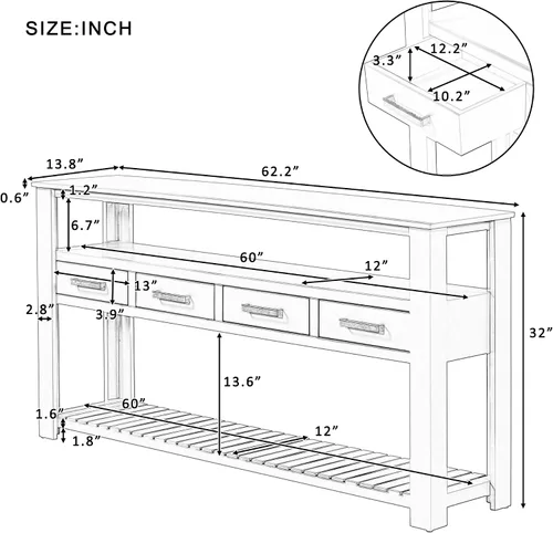 Miniatura 2 de Mesa consola multifunción vintage, mesa de sofá moderna de 62.2 pulgadas con 4 cajones y 2 estantes de almacenamiento, aparador de madera para Blanco