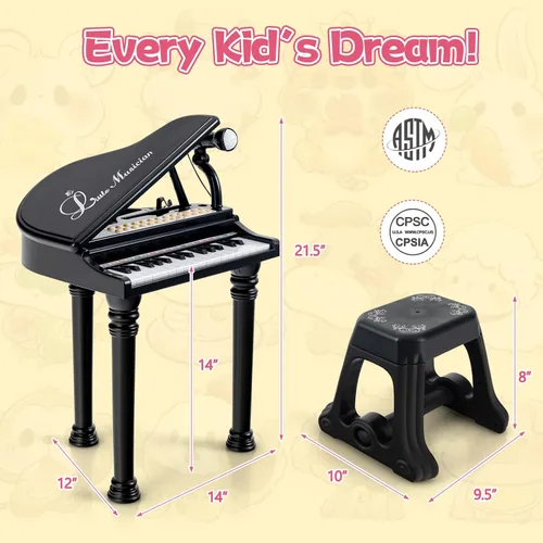 Miniatura 3 de HONEY JOY Piano clásico para niños, mini piano de cola de juguete de 31 teclas con soporte de música y taburete, piano electrónico portátil