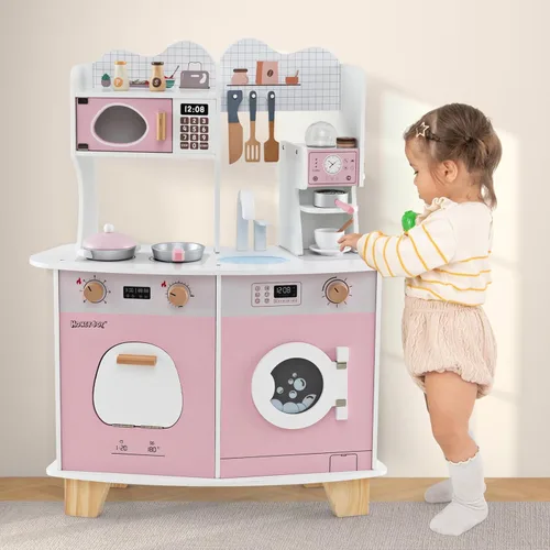 Miniatura 9 de HONEY JOY Juego de cocina, juego de cocina grande de madera para niños pequeños y cafetera, microondas, lavadora, fregadero, utensilios de cocina