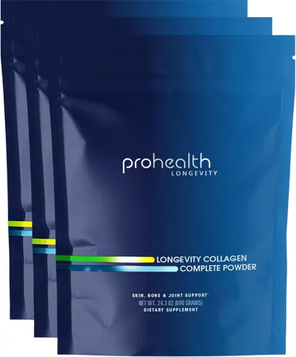 ProHealth Longevity - Polvo completo de colágeno para personas mayores de 40.77 onzas de colágeno múltiple. Ácido hialurónico. Para articulaciones,