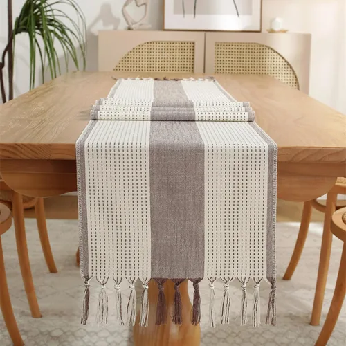 Miniatura 7 de Hsvanyr Camino de mesa gris rústico rectangular con exquisita borla para cocina, comedor, picnic, mesa de café, 13 x 63 pulgadas, a prueba de polvo