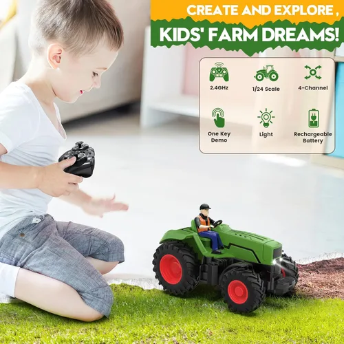 Miniatura 2 de Uarzt Juguetes de tractor a control remoto para niños de 3 a 5 años, juguete de tractor RC con granjero y luz, escala 1:24, tractor de juguete