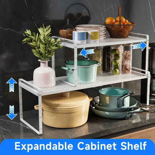 Miniatura 3 de Organizador de estantes de cocina expandibles, organizador de gabinete de cocina, organizador de estante para encimera, despensa, estante de Blanco