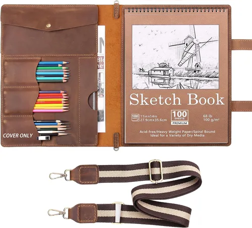 Miniatura 8 de Robrasim Funda de Cuero para Cuaderno de Bocetos Hecha a Mano, Soporte para Bloc de Bocetos de Artista para Cuaderno de Bocetos de 9 x 12 pulgadas