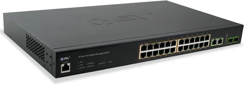 BV -Tech Conmutador administrado Gigabit PoE+ de 24 puertos con 2 Ethernet y 2 enlaces ascendentes SFP | Alto rendimiento, cumple con NDAA |