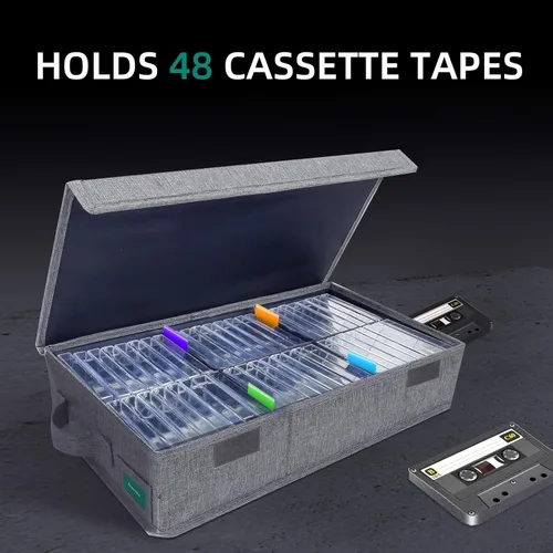 Miniatura 2 de Caja de almacenamiento de cinta de casete, práctico soporte de cinta de casete de 16.34 x 9.25 x 3.54 pulgadas, estante de casetes con tapas