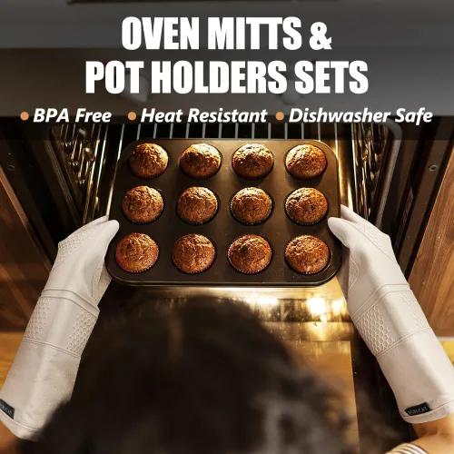 Miniatura 2 de Rorecay Juego de 6 manoplas de horno y soportes para ollas, guantes de silicona extra largos para cocina, resistentes al calor, 500 grados, Milkshake