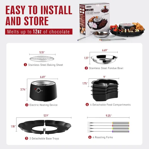 Miniatura 6 de Máquina eléctrica S'mores 2 en 1 y olla para fondue, kit de mesa para interiores con 4 tenedores para asar, 4 bandejas desmontables y 1 calentador