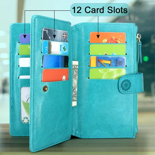 Miniatura 4 de Harryshell Funda de cuero desmontable con cremallera magnética con bolsillo para monedas, 12 ranuras para tarjetas, correa de muñeca para Samsung