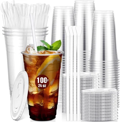 Miniatura 11 de Eaasty Juego de 150 vasos de plástico transparente de 16 onzas con cuchara, pajitas y tapas planas, desechables, para café helado, postre, yogur